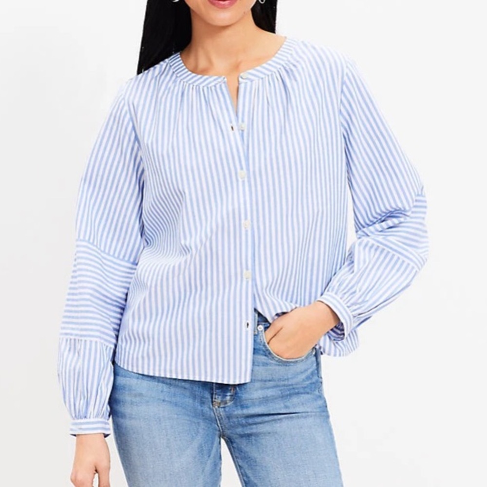 LOFT L Blue White Striped Poet Blouse Blouson Sleeves Cotton Button Like New